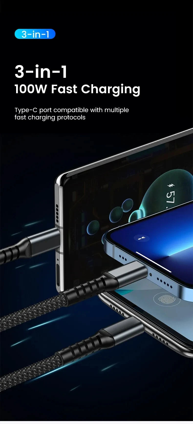 100/66W 3 in 1 Cable Micro USB Type C - CONGATON
