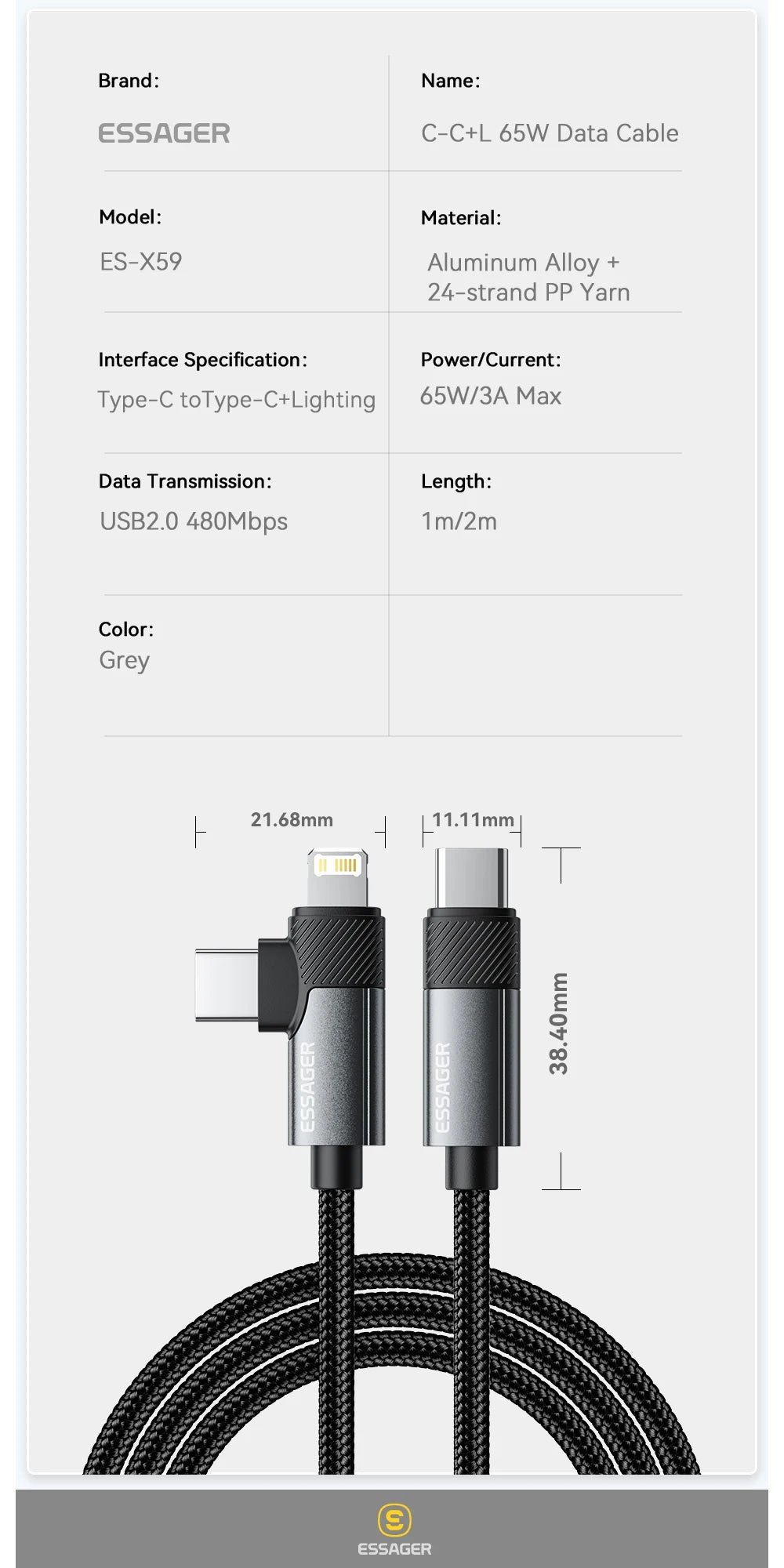 Essager 2 in 1 USB Type C Cable 65W - CONGATON