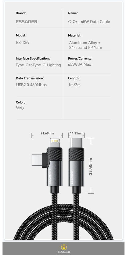 Essager 2 in 1 USB Type C Cable 65W - CONGATON