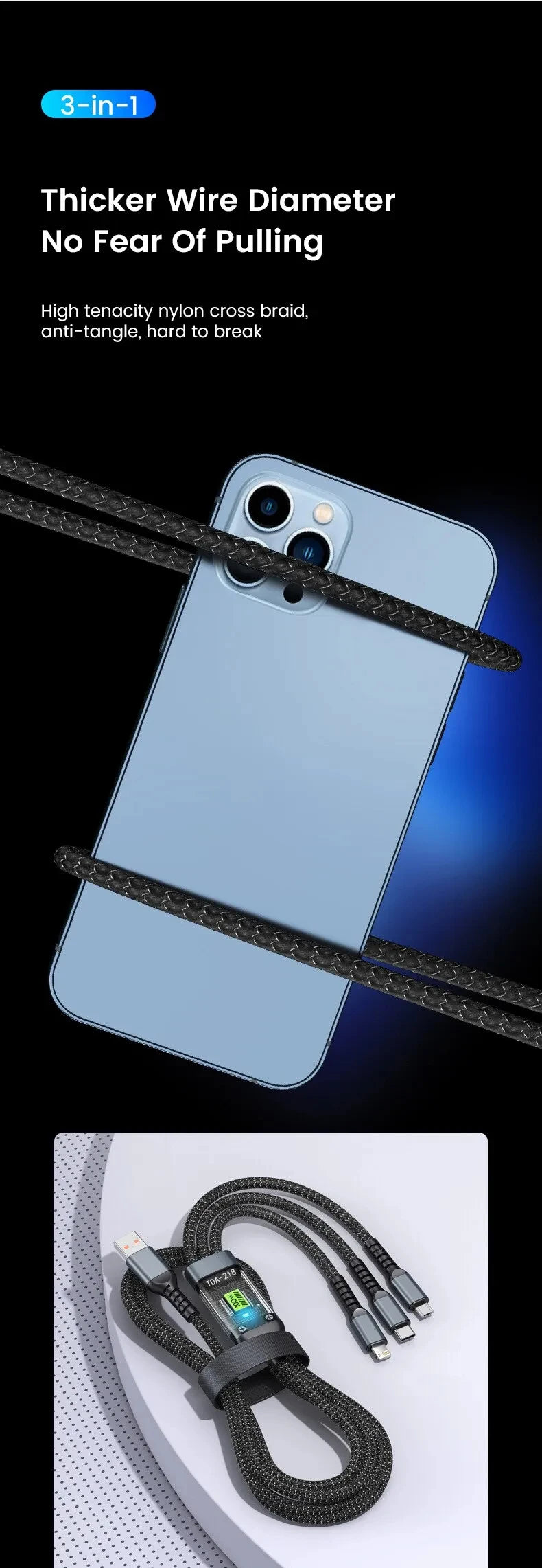 100/66W 3 in 1 Cable Micro USB Type C - CONGATON